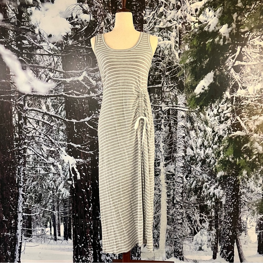 CAbi Striped Midi Dress with Ruching and Tie Detail